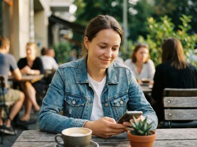 Woman enjoying wireless freedom at a cafe with Vouch Mobile