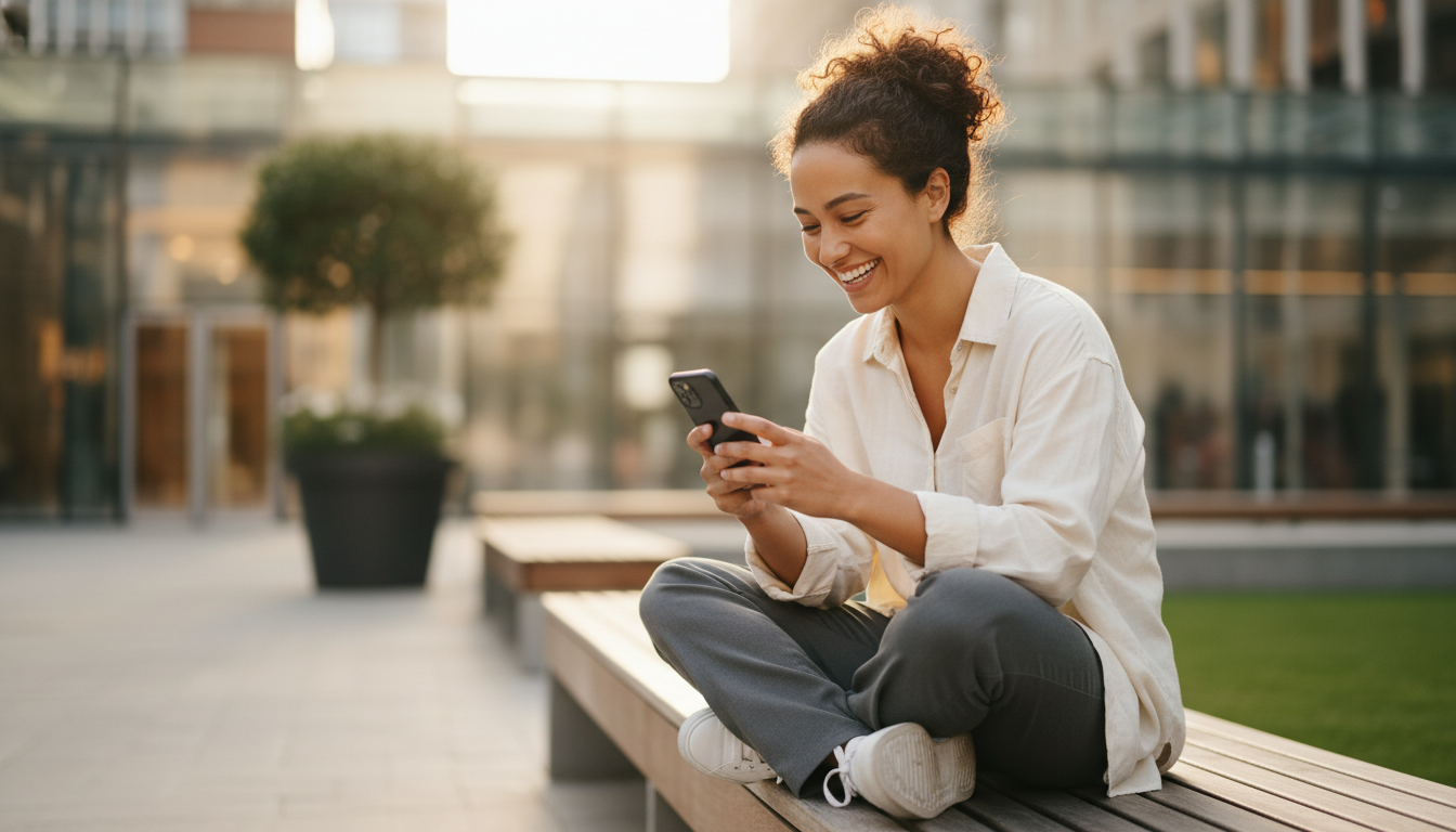 Happy person using smartphone